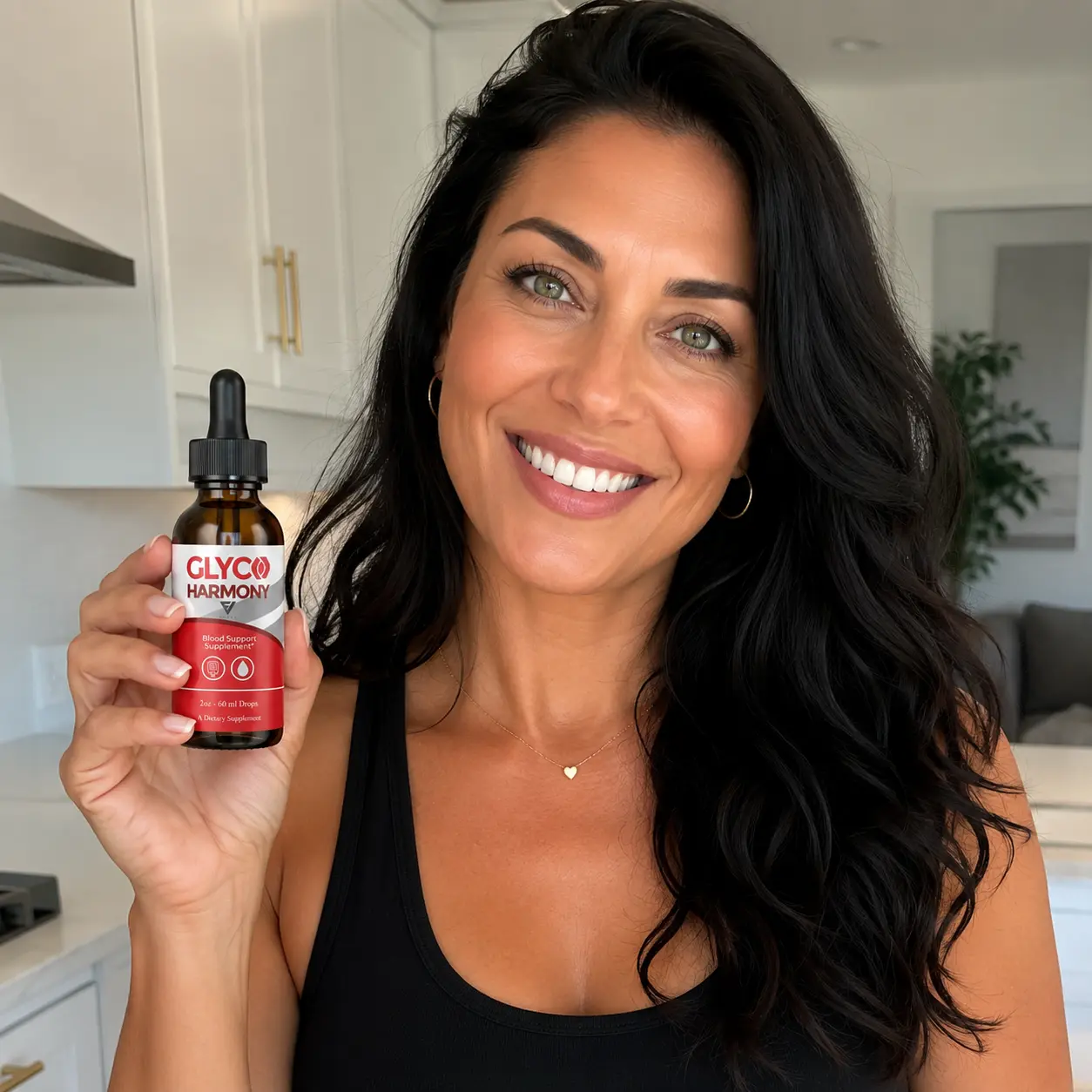 Happy American woman holding Glyco Harmony